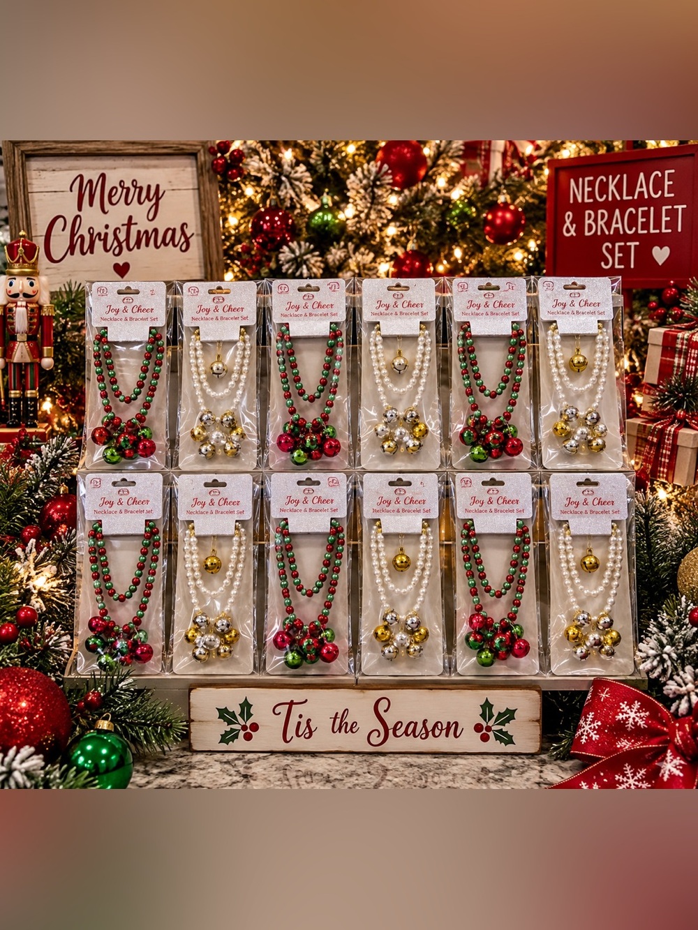 Bulk of 12 setsPearl and Bead Holiday Necklace & Bracelet Set - Red, Green, Gold